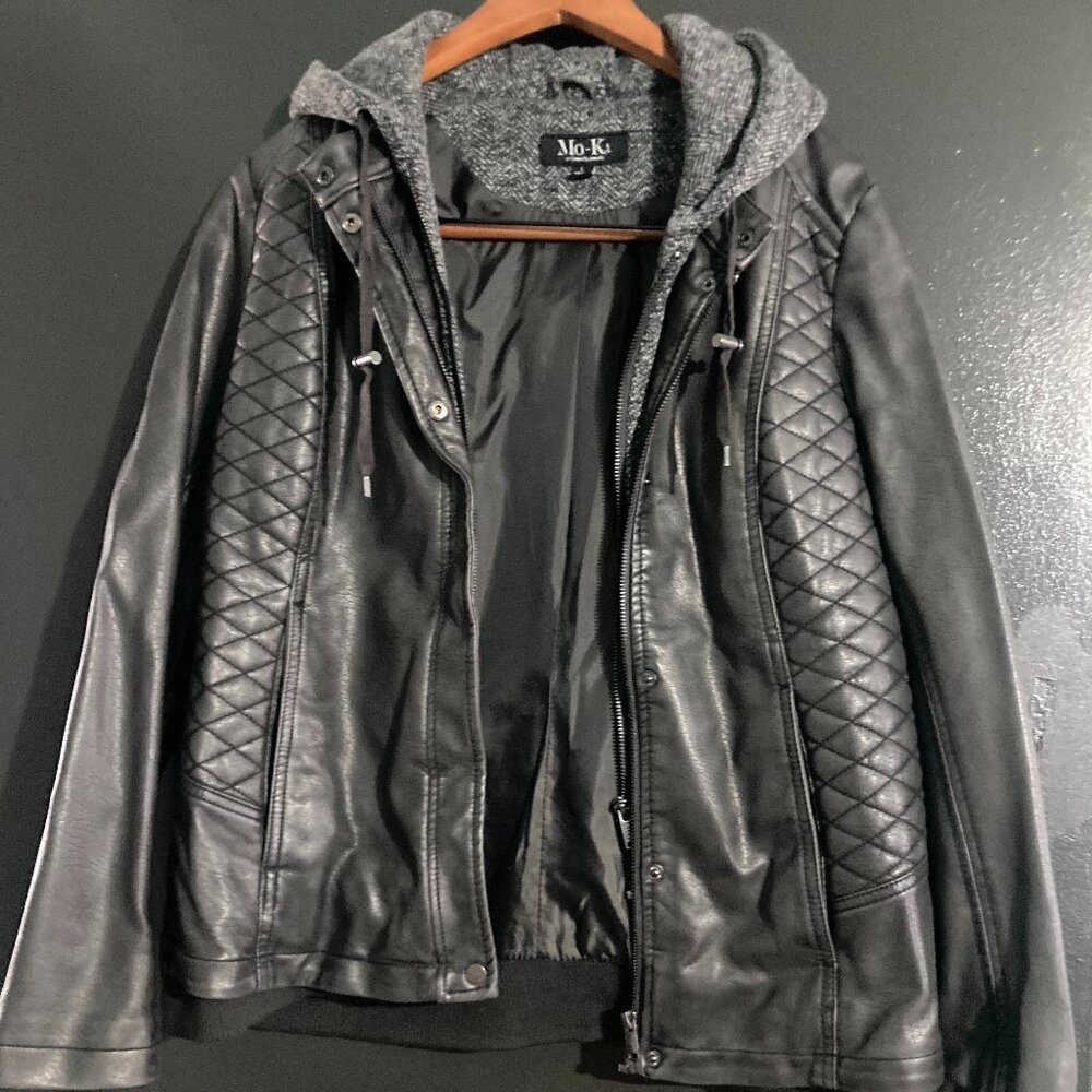 Mo-Ka Women's Meriam Knit Hood Vegan Leather Jacket Black/Grey Size Large